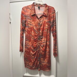 Ruched mesh collared dress, with nude slip.